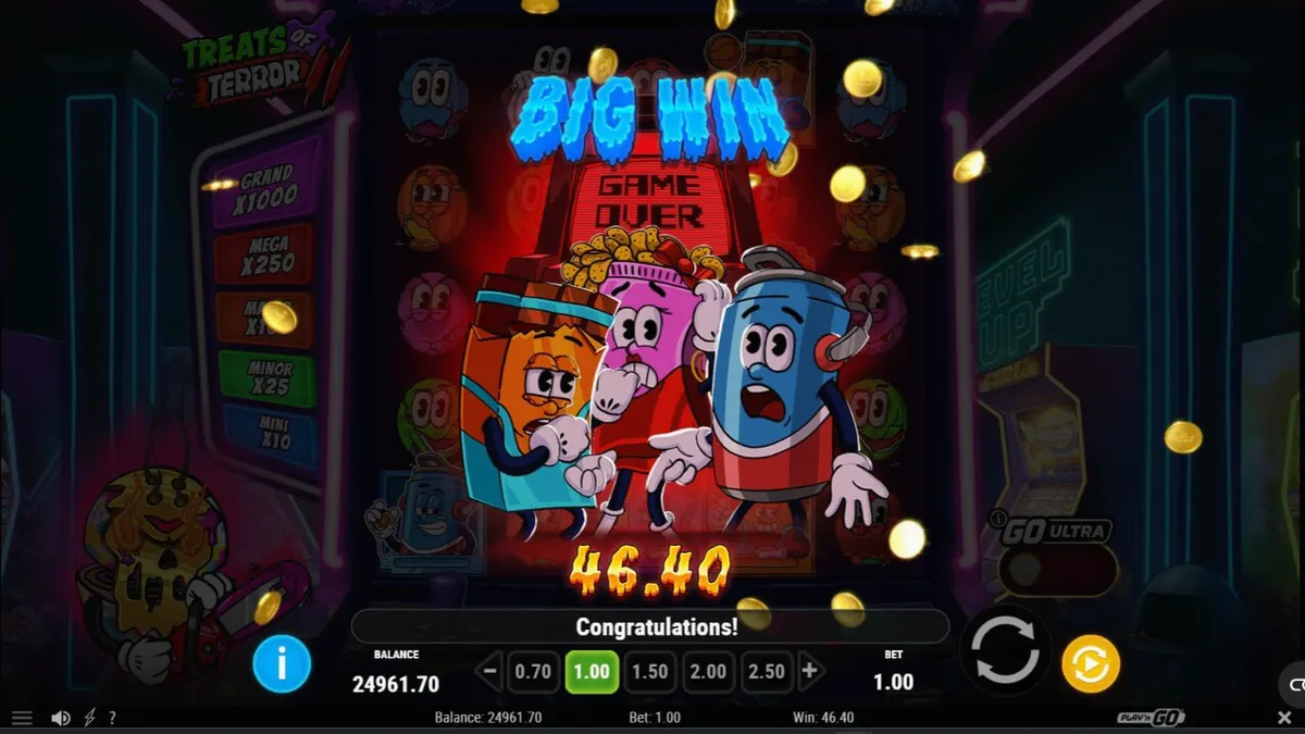 Tampilan visual neon arcade pada slot Treats of Terror 2
