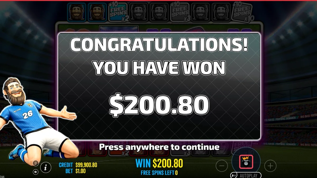 Tampilan visual slot Big Bass Football Bonanza dengan elemen sepak bola dan memancing