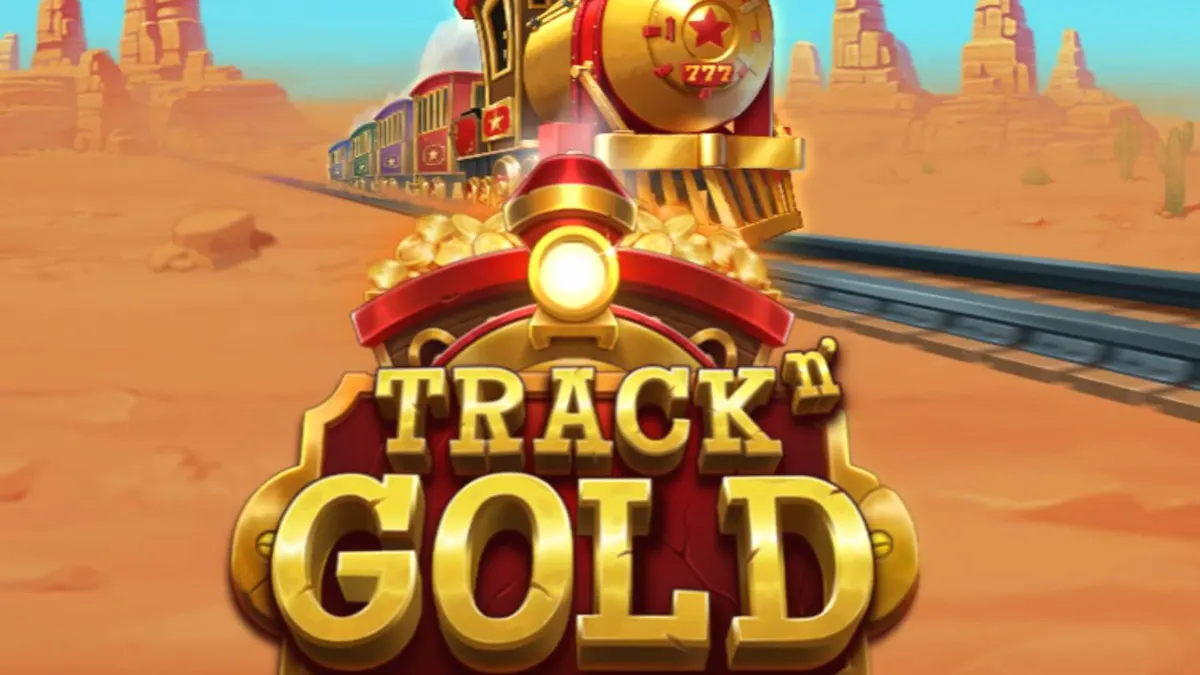 Tampilan visual kereta api dan simbol emas dalam slot Track’n Gold